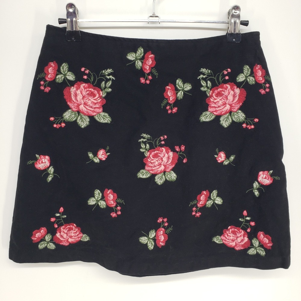 Springfield Floral Embroidered Mini‎ Skirt Womens S Black Rose A-Line Cotton